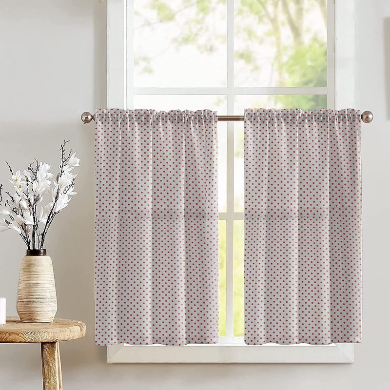 Mini Polka Dots Print Tier Window Valance 2 Piece Set Home Décor Bedroom Nursery Kitchen Window (Red on White)